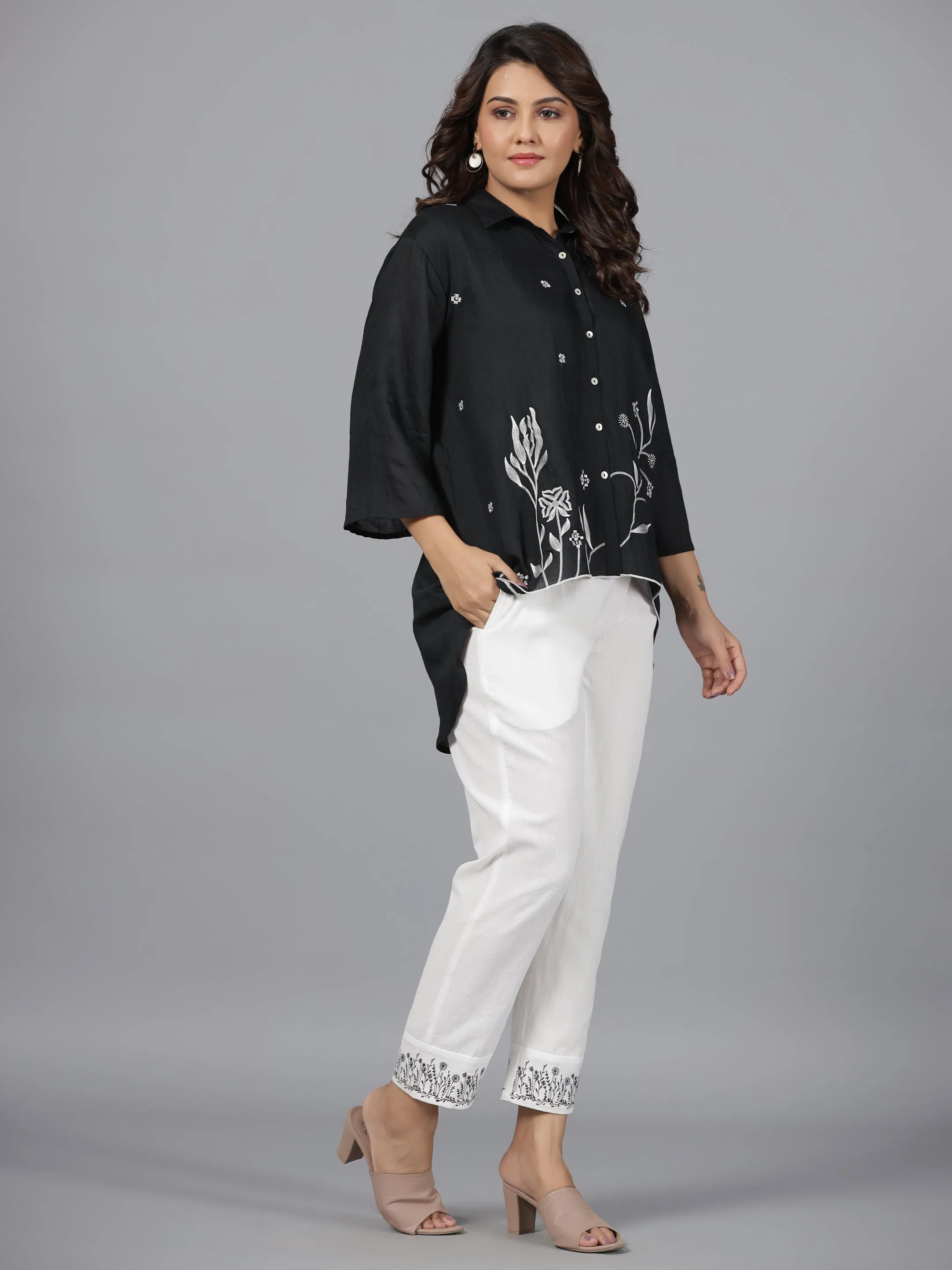 Black Fuchsia Chanderi Embroidered Clothing Set
