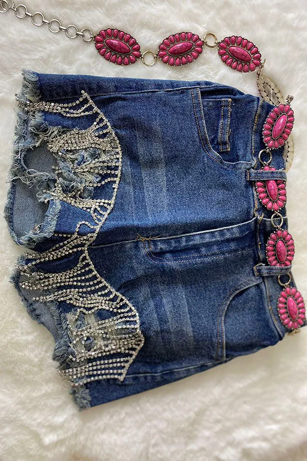 Blue denim girl distressed shorts w/shiny fringe tassels DLH2393