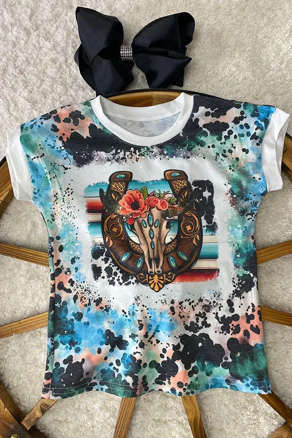 DLH0824-1 Horse shoe bull skull printed short sleeve girls top