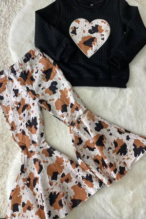DLH2808 Heart embroidery black pullover sweatershirt leopard denim pant girls sets