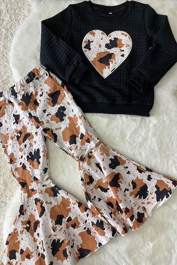 DLH2808 Heart embroidery black pullover sweatershirt leopard denim pant girls sets
