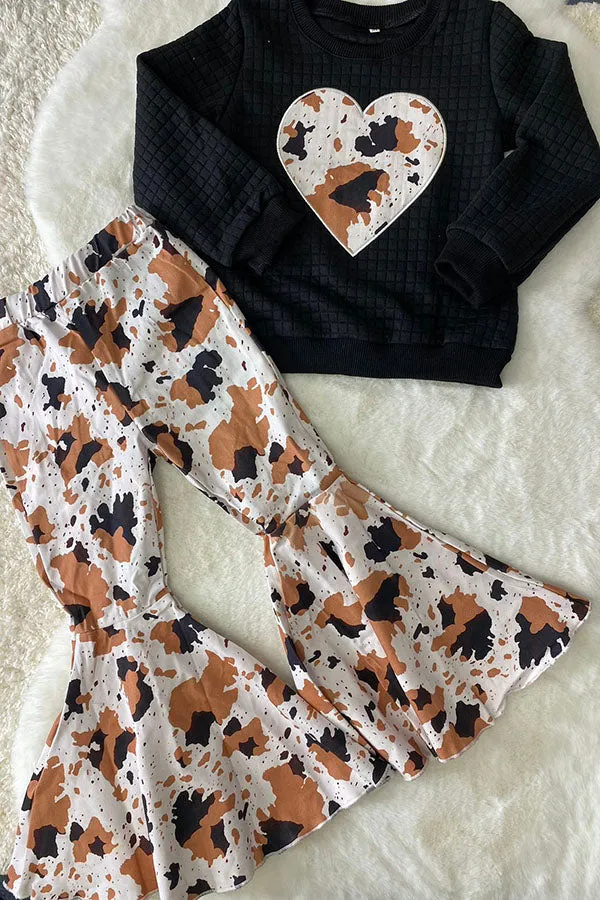 DLH2808 Heart embroidery black pullover sweatershirt leopard denim pant girls sets