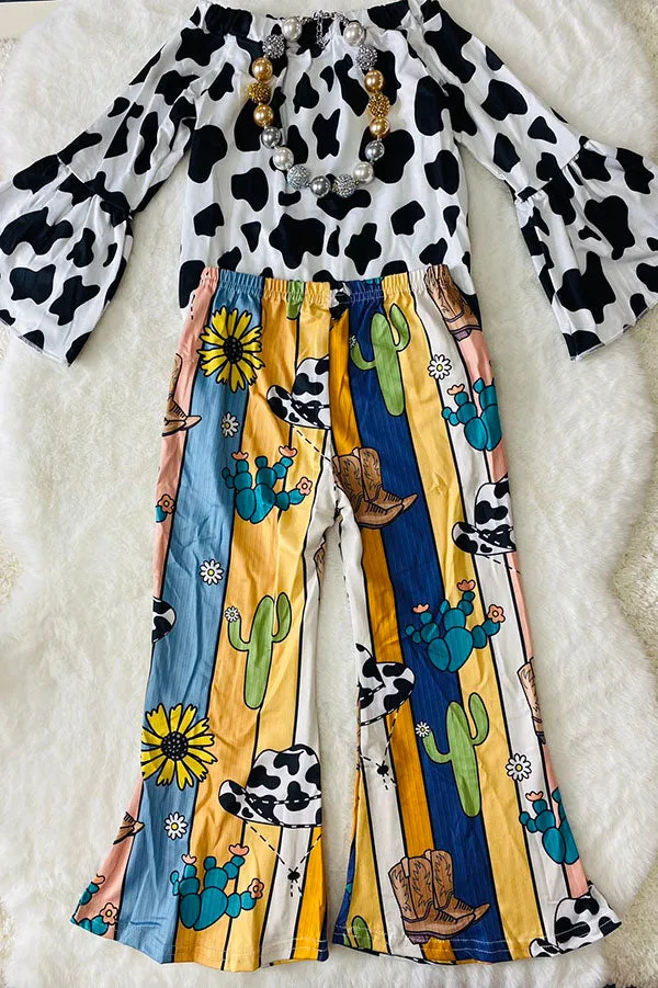 LC0020 Cow print top w/stripped sunflowers, boots, & cactus 2pc set